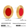 Waterproof 18K gold plated stainless steel oval earrings with rippled texture and red inlay - Gold/Red Shell