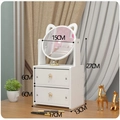 White cat-ear vanity mirror organizer with two storage drawers and crystal handles - Small Double Drawer Round Mirror