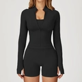 Ensemble de yoga noir sans couture avec haut zippé à manches longues et short taille haute - S / Jacket + Shorts - Black