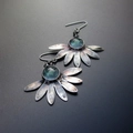 Bohemian silver floral earrings with green resin gemstone in vintage sunflower design - Lake Blue