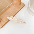 Elegant white pearl hair clip with golden finish and geometric streamlined design - Three Pearl Flower Bobby Pin