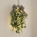 Christmas Eucalyptus Teardrop Swag with Warm LED Lights and Buffalo Plaid Bow Decoration - Eucalyptus White Berry PE Teardrop Swag (With Lights)