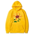 Yellow long sleeve hoodie with large sunflower print and drawstring hood flat lay - Yellow
