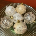 Lace beige and white Christmas ball ornaments with gold star sequins and beads - 6CM Beaded Wire Wrap (6Pcs Box)
