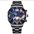 Men's quartz watch with black mesh strap, deep blue dial, and multi-function chronographs - Black Blue Steel Strap