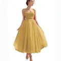 Elegant bright yellow mesh midi dress featuring spaghetti straps and pleated bodice - US size 2 (S) / Tops / Gold