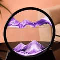 Moving sand art round black frame with deep purple liquid mountains on a desk - 7 Inch Round Purple