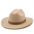 Classic beige wool felt fedora hat with wide brim and brown band for men and women - M (56-58cm) / Beige