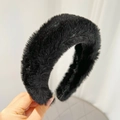 Close-up of black plush headband showing the soft faux mink fur texture and thick design - Solid Faux Mink Fur / Black (Solid Plush)
