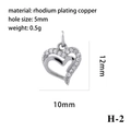 Rhodium-plated copper heart charm pendant with cubic zirconia, size 12mm x 10mm - Type H-2 (Round Zircon Heart) / Silver