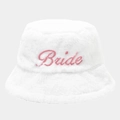 Detail of white faux fur bucket hat featuring pink Bride embroidery for winter weddings - M (56-58cm) / White