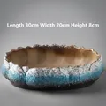 Ceramic hydroponic bowl with blue ice crackle glaze and wave rim, 30x20x8cm size - JB Rectangular Hydroponic Pot-Blue & White Lotus