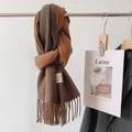 Écharpe chaude épaisse double face toucher cachemire tons marron et camel à franges - Marron