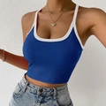 Slim fit blue ribbed knit crop top featuring contrast white trim and scoop neckline - S / Blue