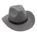 Close-up of gray felt cowboy hat with leather belt and silver metal decorative buckle - One Size / Light Gray