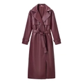 Elegante gabardina larga de cuero sintético burdeos con cinturón y solapa de muesca - S / Burdeos