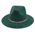 Close-up of dark green fedora hat featuring snake skin band with sparkling rhinestone trim - Dark Green (Snake Pattern)