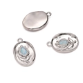 Silver oval floral engraved pendants with iridescent white stones for jewelry making - Tulip Blue
