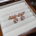 Detailed view of pink pearl earring with purple floral pendant and sparkling crystals - Pink Flower Style (3#) / Gold Pink