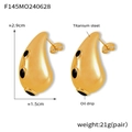 Golden teardrop stud earrings with black inlay in titanium steel and 18K PVD plating - F145-Gold Black Enamel