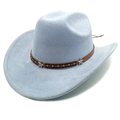 Detail of powder blue suede cowboy hat with star-studded brown leather headband - M (56-58cm) / Sky Blue