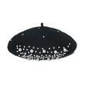 Elegant black wool beret for women with scattered white pearls and sparkling rhinestones - Black
