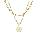 Double-layer 18K gold paperclip chain necklace with a hexagonal shell letter P pendant - Gold Letter M