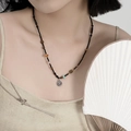 Handcrafted pearl necklace with black beads, colorful accents, and engraved silver pendant - Black Fu Character Round Tag Necklace (64#)