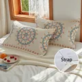 Pair of off-white cotton gauze pillow towels with cherry print and elastic straps - Beige Garland Cherry