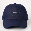 Close-up of embroidered white faith script on a navy blue washed cotton baseball cap - One Size / Navy Blue