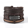 Close-up of multilayer braided leather bracelet with engraved forgiven metal plate - TZ4-A07 Forgiven Plate