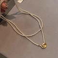 Double-layered pearl necklace with interlocking gold rings in a minimalist French style - 42# Double Layer Necklace / 3mm Pearl / Gold-White