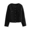 Detailed close-up of black wool-blend jacket with embossed gold buttons and pockets - S / Black