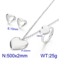 Silberfarbenes Edelstahl Herz-Schmuckset mit 18K Beschichtung, Kette, Stecker und Ring - Ringgröße 6 / Stahl 3-teiliges Set (KS45015-Z) / Stahlfarbe