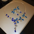 Vintage floral jewelry set with gold necklace and blue crystal drop earrings - 925 Sterling Silver Earring Post Rhinestone Water Drop Flower Tassel Jewelry Set