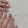 Elegant nude press-on nails with blue heart gems and white star patterns for women - HY304 Nude Heart Gem Star