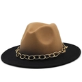 Detailed view of bicolor felt fedora hat featuring a chunky gold metal chain link - M (56-58cm) / Brown Black Two-Tone