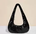 Elegant black sequin mini crossbody bag with triangular half-moon shape for evening parties - Aluminum Sheet Half Moon - Black