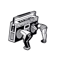 Retro boombox enamel pin with surreal black and white illustration of figures inside - Immersive Radio