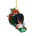 Christmas dachshund puppy in green mailbox ornament with Dear Santa letter - Mailbox Dachshund