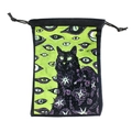 Drawstring tarot pouch with mystical black cat and neon green eye pattern print - No.112 Black Cat / 13x18cm