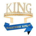 Couronne KING dorée avec strass et écharpe Birthday King bleue pour fêtes d'hommes - Style peigne Or strass blanc + Tissu pailleté bleu marine texte doré