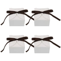 Set of four white square favor boxes with wavy petal lids and brown ribbon bows - White