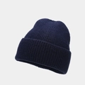 Close-up of dark blue knit beanie showing vertical ribbed texture and thick cuffed edge - One Size / Navy Blue