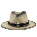 Western straw sun hat with ethnic band and vintage bull head metal ornament for summer - Light Beige Grey Gradient Bull Head Style (03)