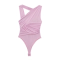 Detail of light pink asymmetrical bodysuit showing fabric texture and ruched waist details - S / Pink