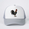 Front view of white foam trucker hat featuring a vibrant rooster print and gray mesh back - One Size / Gray
