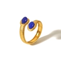 18k gold plated stainless steel open ring with blue stones and textured finish - Adjustable Open / Blue Oval Gemstone Style (TR4022-BL)