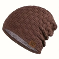 Braune Strickmütze für Herren mit warmem Fleecefutter und Leder W Logo-Patch - Kaffeebraun
