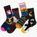 Chaussettes artistiques en coton avec portraits vintage et paysages sur fond blanc - Taille unique / Collection de Portraits Artistiques
